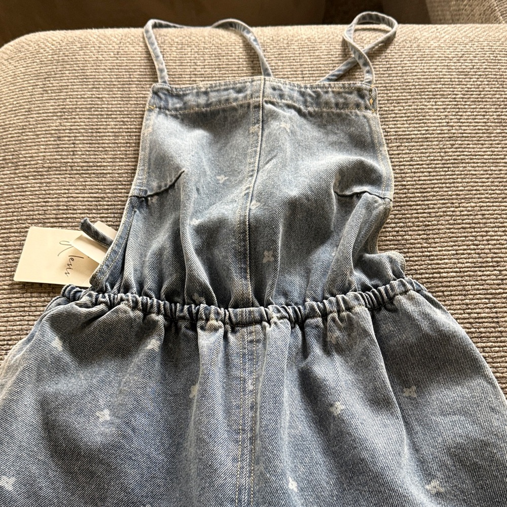 Light Wash Denim Pinafore Dress with Subtle Star Print